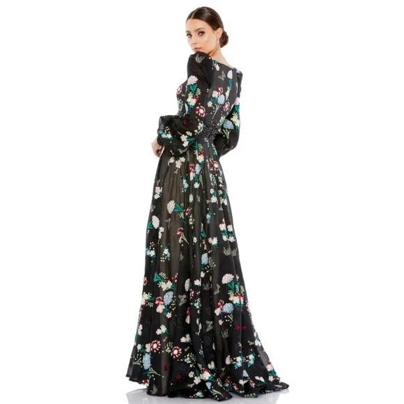 MAC DUGGAL Size 4 EMBROIDERED BISHOP SLEEVE V NECK FLOWY GOWN Dress Womens 4 - Picture 3 of 8